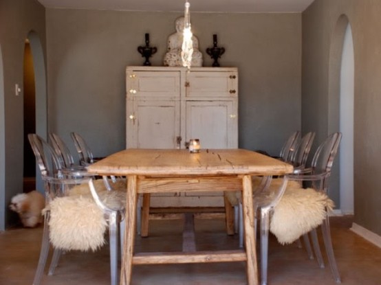 ghost chairs with faux fur to cozy them up for cold seasons are a lovely and modern glam idea to rock