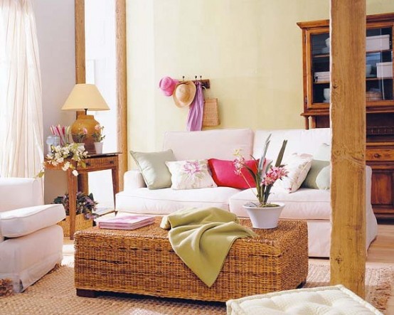 vertical wooden beams, some wooden furniture and a basket chest will make your space feel rustic