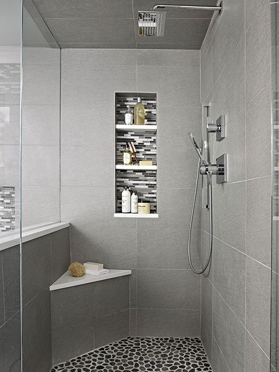a grey shower space with a niche shelf for storing various stuff, this niche saves some space and makes it cooler