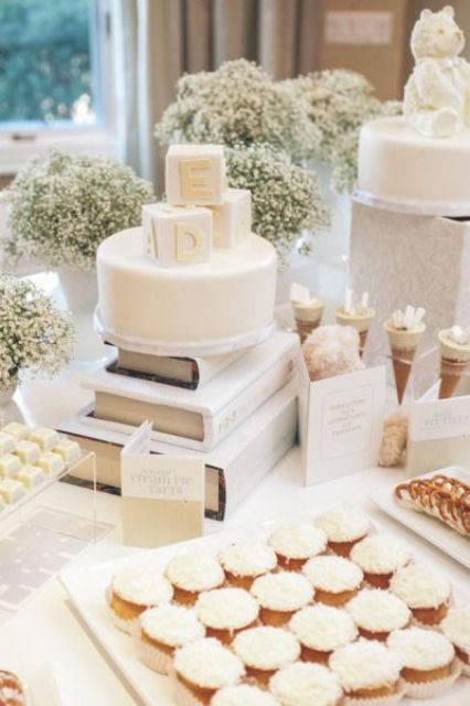 all-white dessert table for a gender neutral baby shower