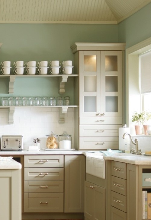 a delicate beach kitchen with light aqua walls, elegant neutral shaker cabinets, white stone countertops and potted greenery