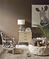 a tropical room design with zebra prints