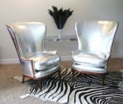 silver wingback chairs and a zebra print rug to make the spot bolder and cooler and give it a more eye-catchy look