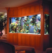 a large aquarium clad in rich-stained wood is a great alternative to a TV in your living room