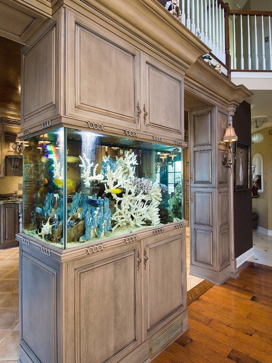 an aquarium enclosed into whitewashed wooden cabinets that can hold all the necessary stuff and fish food if there's any fish