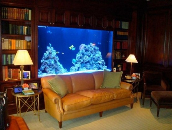 a refined library with a built-in aquarium as a lovely and stylish decor feature