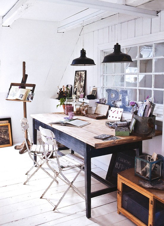 a vintage Scandinavian attic home office with white planked walls, a large desk, shabby chic chairs, vintage pendant lamps, pretty artworks and a stained storage unit