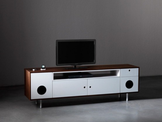 A Console Unit And A Desk With Built-In Audio