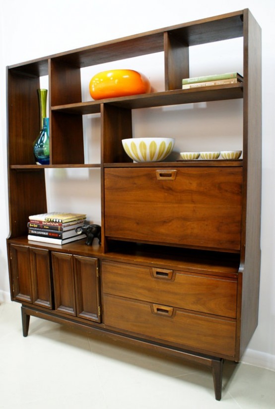 a large retro-inspired plywood storage unit with open shelves and closed storage compartments on legs is a stylish idea to add chic to your interior