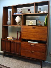 a rich-stained storage unit with open shelves, closed storage compartments and drawers will accommodate a lot of things