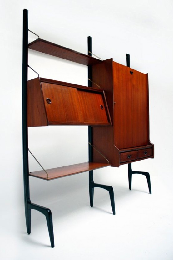 a rich stained storage unit with closed compartments with sliding doors and some folding shelves