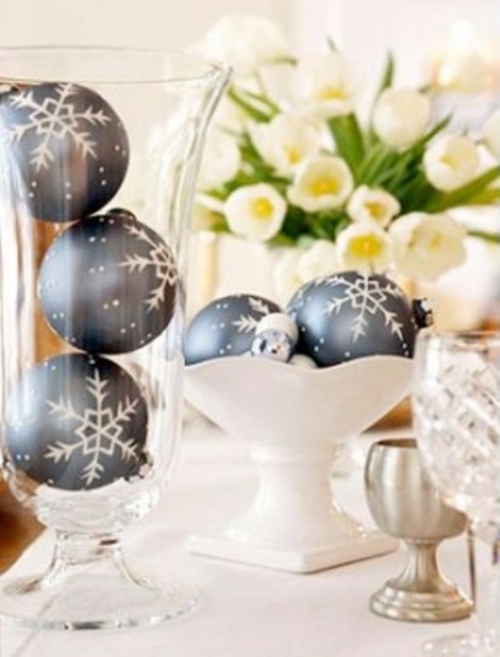 a bowl and a glass with blue snowflake Christmas ornaments are amazing for holiday decor