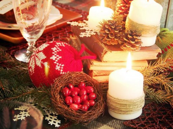 a Christmas ball ornament covered with red and white knit is an easy DIY and a cozy decoration