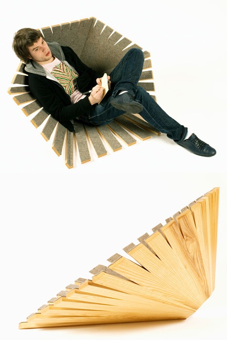 a low plywood chair that resembles a nutshell, with felt inside it to make sitting on it more comfortable, will be unique for outdoors