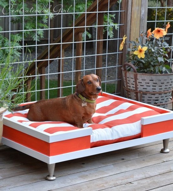 a striped dog bed with a matching striped cushion is a lovely idea for both indoors and outdoors