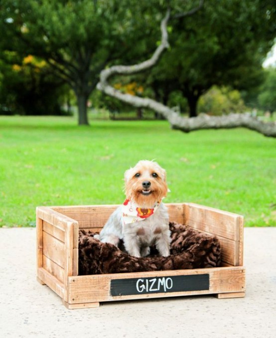 a crate with a cushion gives you a ready rustic dog bed that works for both outside and inside your home