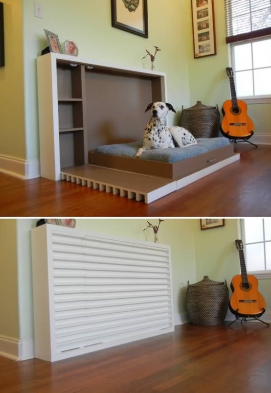 a retractable dog bed, an alternative to a human murphy bed, is a cool and creative idea for a small home