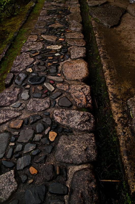 a rough and relaxed stone garden path of large and smaller and darker stones in the center of the path