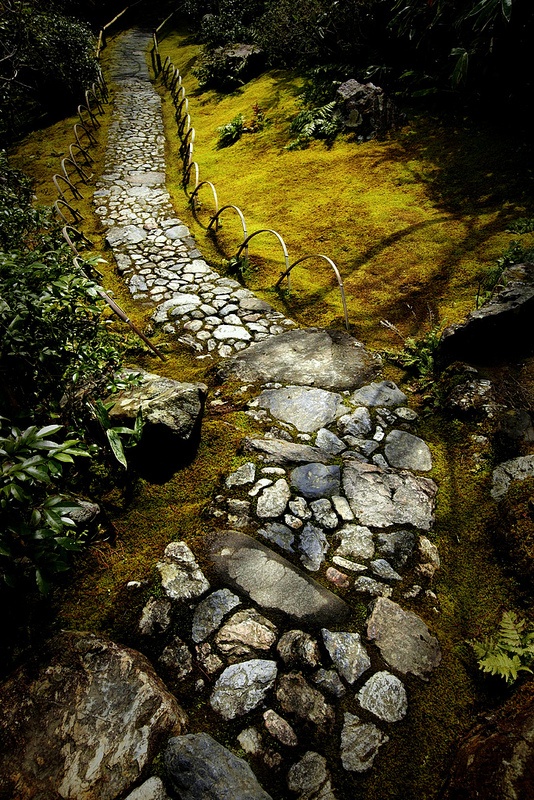 an old and rough stone garden path matches the moss and greenery around and looks very vintage-like