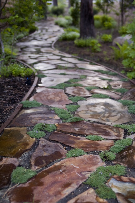 a rough stone garden path with moss and accurate borders for a natural yet manicured feel