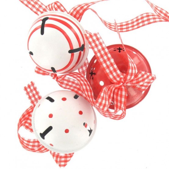 printed red and white bells on plaid ribbons can compose a lovely Christmas hanging or decoration or you may use them as ornaments