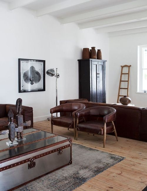 a masculine living space with an industrial feel, brown leather furniture, a wooden cabinet, a metal lamp and a metal chest coffee table