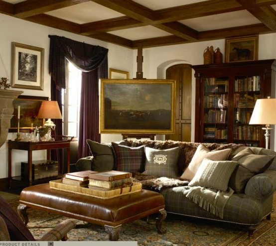 a traditional living room with refined wooden and upholstered furniture, an artwork, heavy draperies and lamps