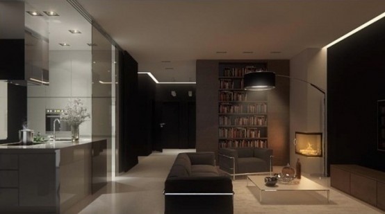 a minimalist dark living room with a hearth, stylish upholstered furniture and a floor lamp