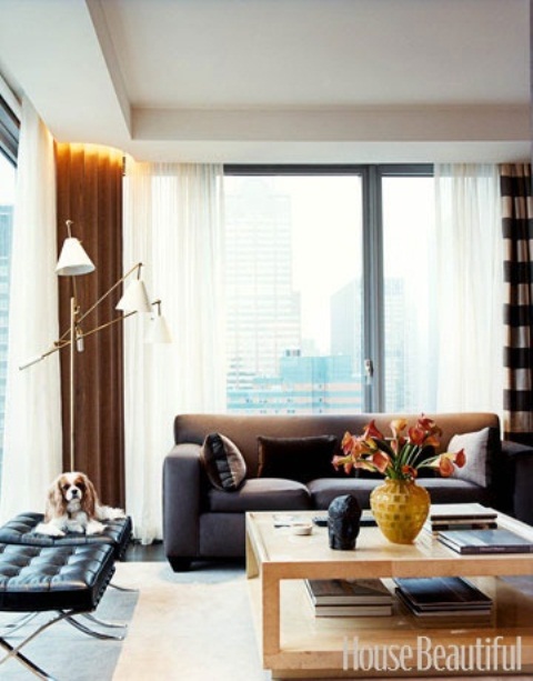 a comfy contemporary living room with much natural light, dark furniture, a stone coffee table and lamps