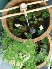 a catchy pond of two porcelain bowls, water lilies and greenery, with a bamboo fountain is a lovely idea for a Japanese-inspired backyard