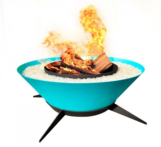 a turquoise fire bowl on legs is a cool idea for outdoors, it will add color to the space and the fact it's raised makes using it easier