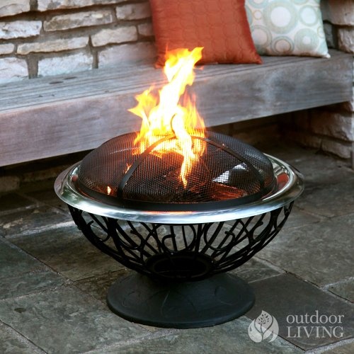 an elegant metal fire bowl on a beautiful stand and with a cool spheric metal screen lid is a chic idea for any modern outdoor space