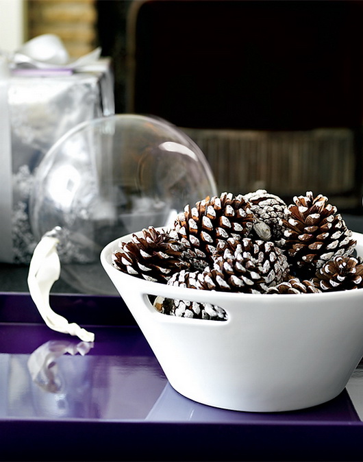 Put slightly painted pinecones in a white bowl and you've got yourself a winter arrangement you can put onto any surface in your house.