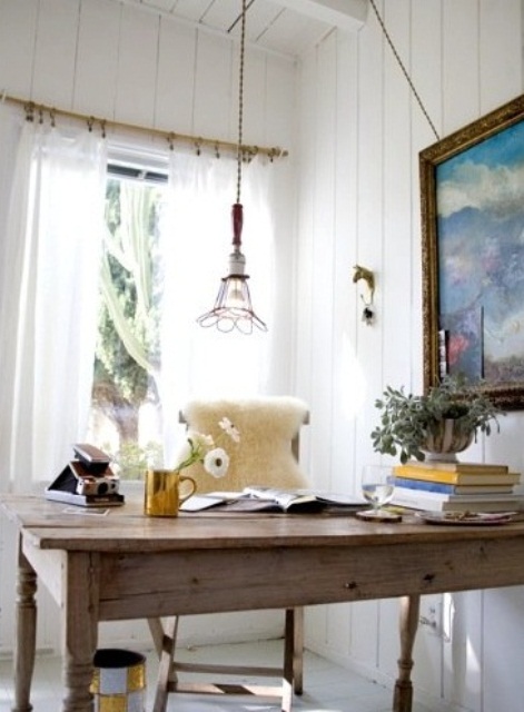a neutral home office design in rustic style