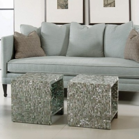 grey and aqua mother of pearl coffee tables will unobtrusively infuse your space with seaside touches