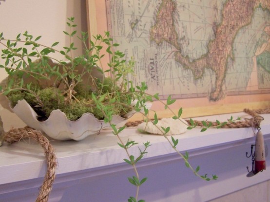 a summer mantel with a map, potted greenery, ropes and seashells feels like beaches