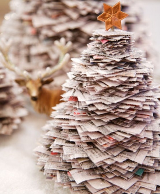 lovely tabeltop Christmas trees composed of old holiday cards are a creative and cool idea for a holiday space, and you can upcycle old cards