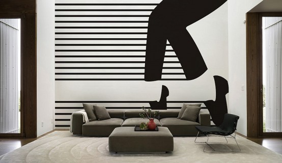 a monochromatic living room in contemporary space, a black graphic wall mural that makes a statement in the space