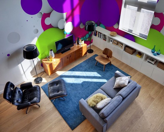 colorful and bright wall murals on the walls make the neutral living room extra bold and very eye-catchy