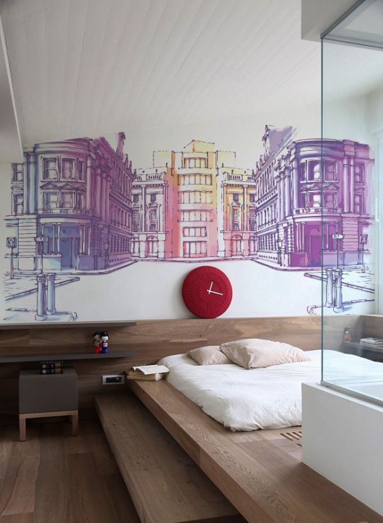 a contemporary bedroom with a colorful city wall mural that makes a statement and brings color to the space