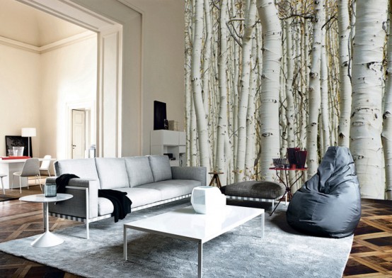 a neutral and stylish living room with a birch wall mural is a stylish space with a touch of outdoors