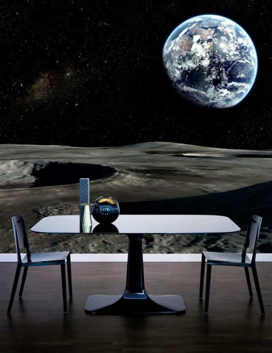 a contemporary dining space with a bold and moody space wall mural that makes you feel like you are dining out there in the space