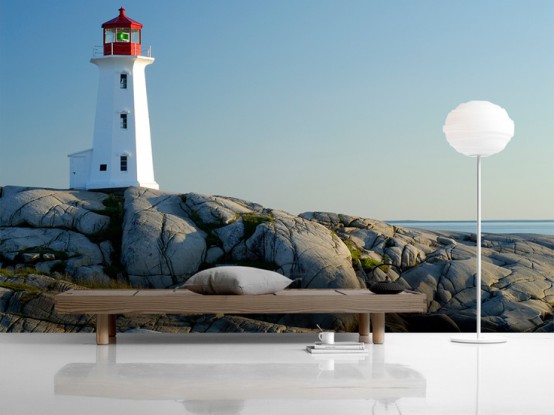 a beachy entryway with a bench, a floor lamp and a beacon wall mural that reminds of the location