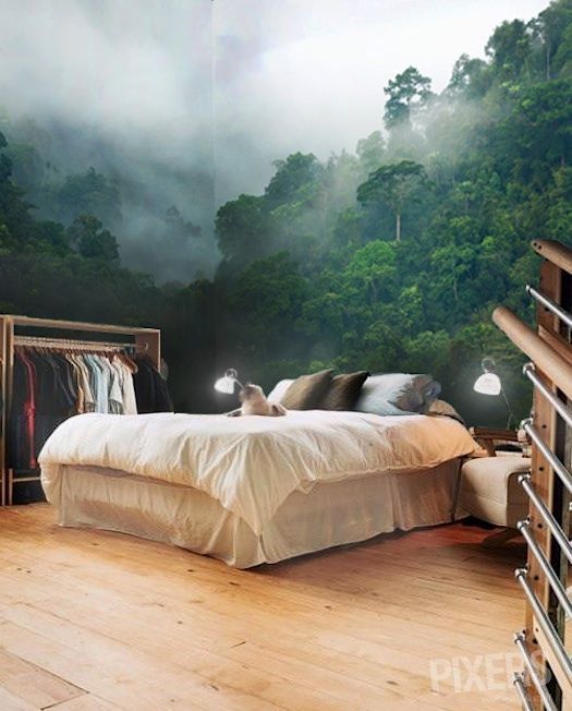 a contemporary bedroom done with a gorgeous nature wall mural that makes it feel like it's a tropical space