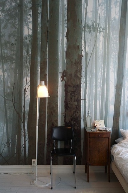 a moody woodland wall mural will give a relaxing feel to your bedroom as you'll feel like outdoors