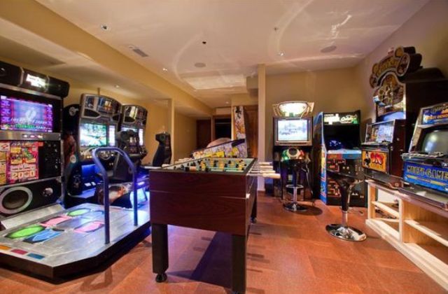 basement game room with bowling