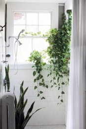 a small white bathroom with potted succulents and a suspended planter with greenery is super cool and filled with natural light