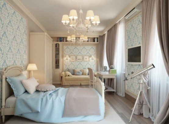 a creamy and ligth grey bedroom infused with touches of light blue  - bedding and wallpaper