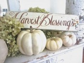 white pumpkins, a sign and green hydrangeas are amazing for elegant farmhouse Thanksgiving decor