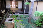 a zen townhoue garden with greenery, a tree, stones and rocks inspired by traditional Japanese esthetics